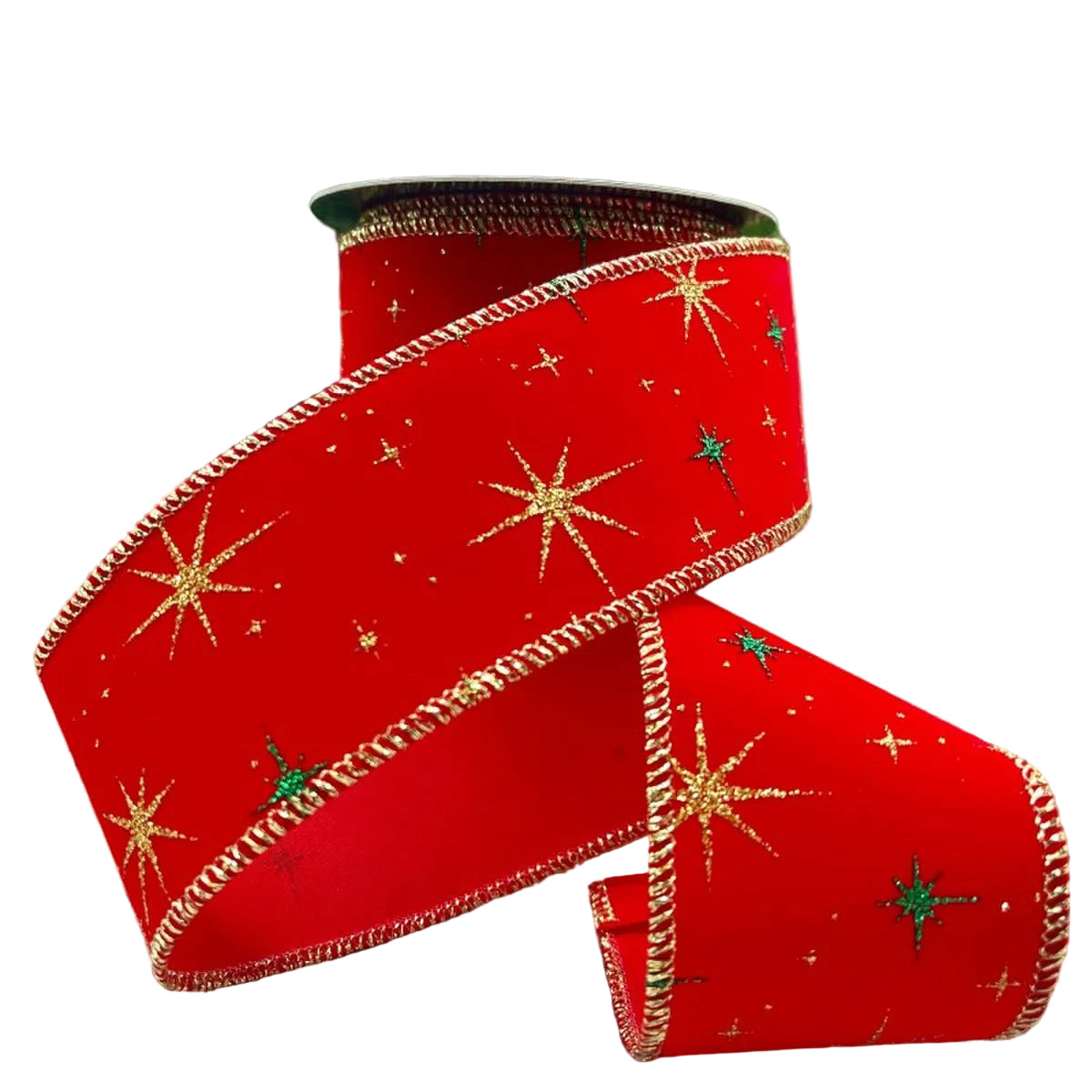 Red Velvet with Gold and Green Glitter Stars Ribbon -2.5"x 10yds
