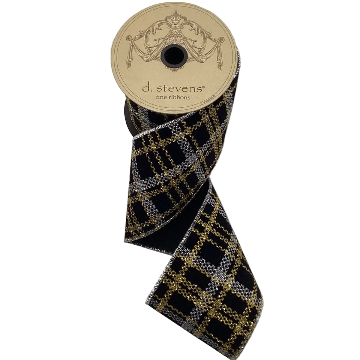 Black Velvet with Silver and Gold Glitter Plaid Ribbon - 4" x 10yds
