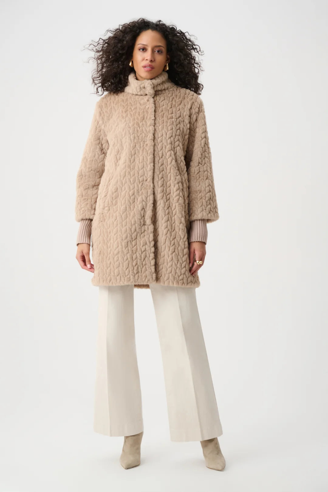 Textured Faux Fur Mock-Neck Coat- Soft Taupe