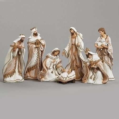8.5"H 7PC ST NATIVITY WOVENGOLD TRIM FABRIC LOOK