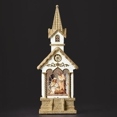 #16 -11"H LIGHTED SWIRL CHURCH HOLY FAMILY; WHITE & GOLD