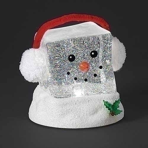 #5 -6.25"H LIGHTED SWIRL CUBE HEAD SNOWMAN WITH EARMUFFS; HOLLY