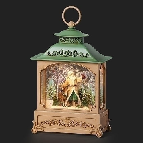 #8 -12"H LIGHTED SWIRL LANTERN GREEN ROOF; SANTA AND DEER -USB ADAPTOR