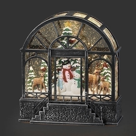 #38 -8.5"H LIGHTED SWIRL GREENHOUSEWITH WOODLAND SNOWMEN SCENE