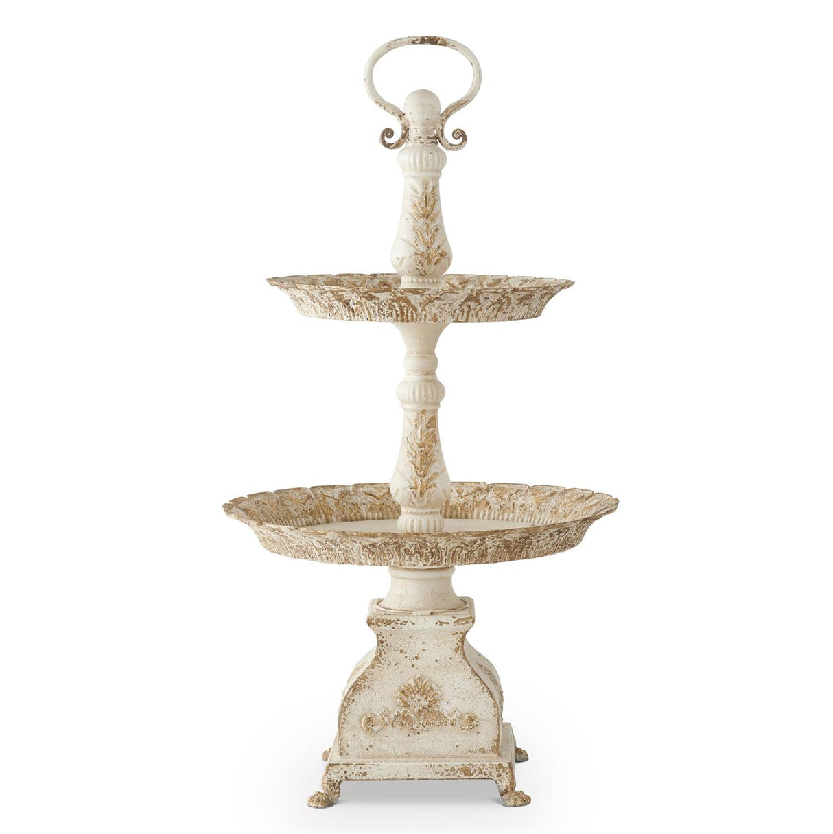 31.5 Inch White and Gold Washed Metal 2 Tiered Table