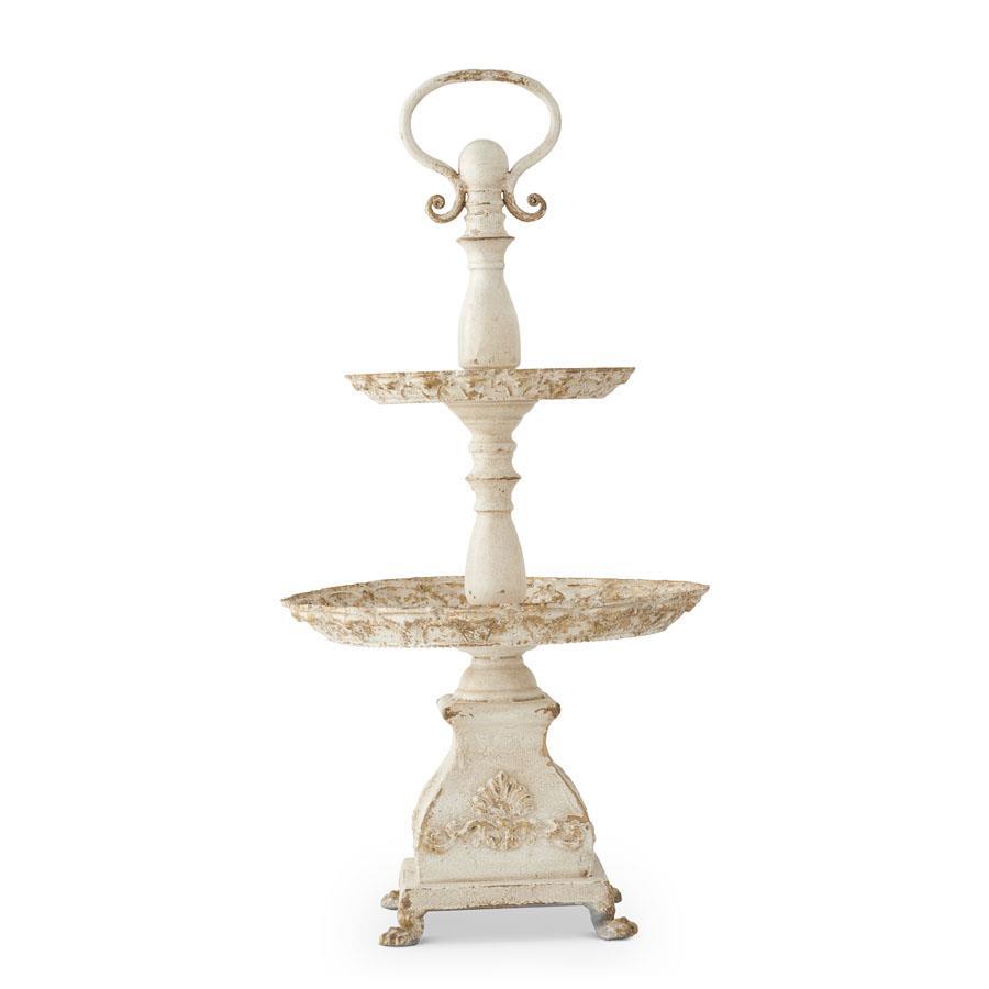 36.5 Inch White and Gold Washed Metal 2 Tiered Table