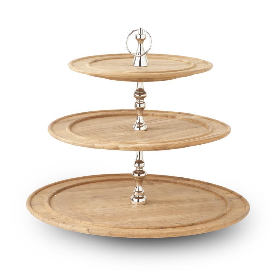 23 Inch Natural Wood 3 Tier Stand w/Nickel Accent