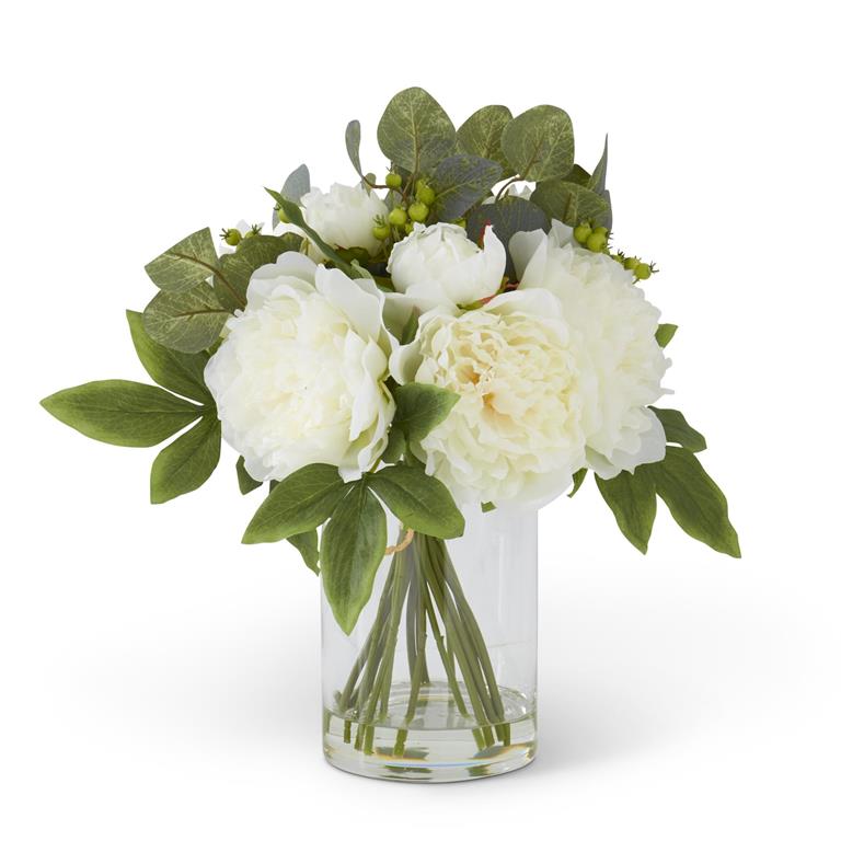 13.5 Inch Cream Peony & Eucalyptus Premade in Glass Vase