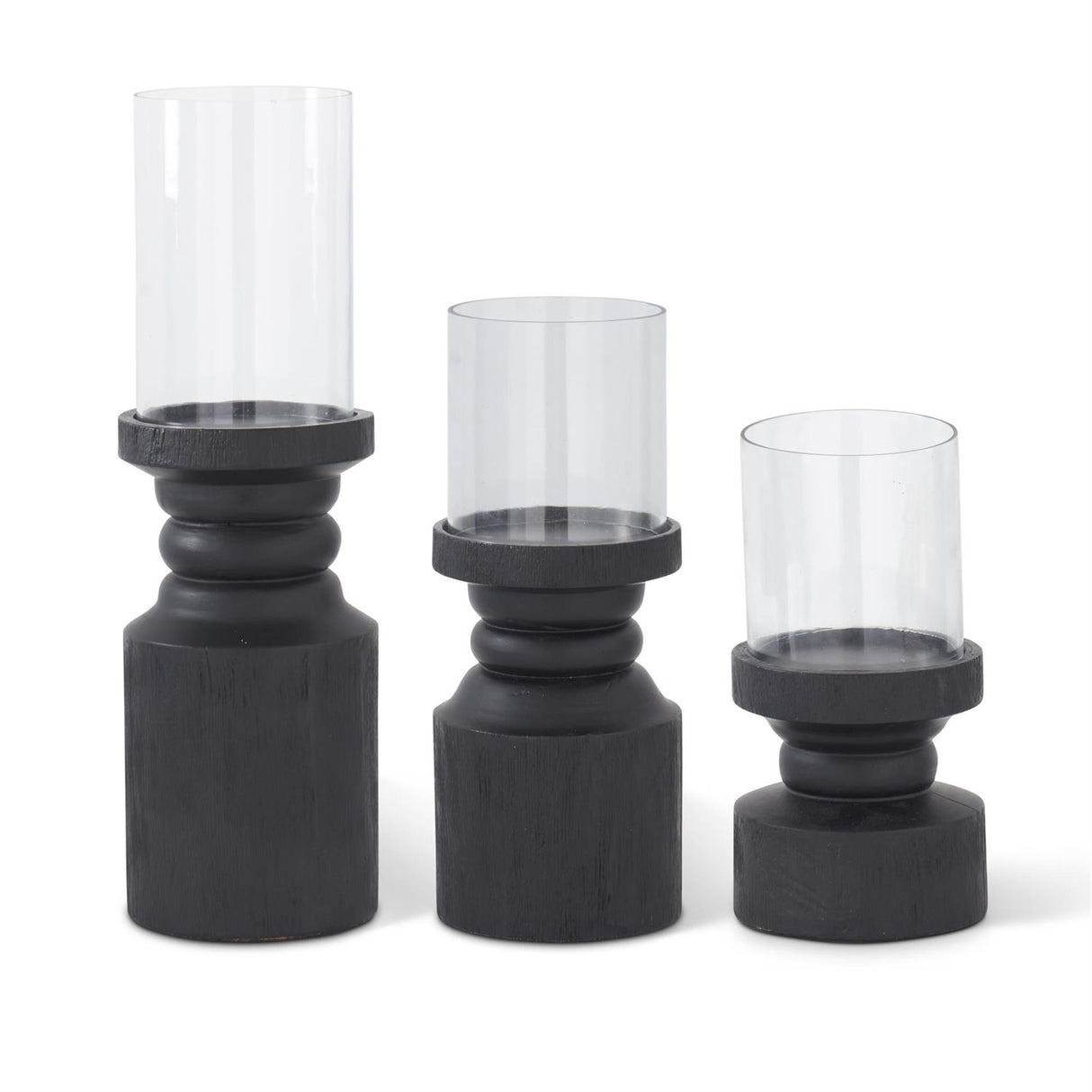 Black Pillar Candleholders w/Glass Hurricane