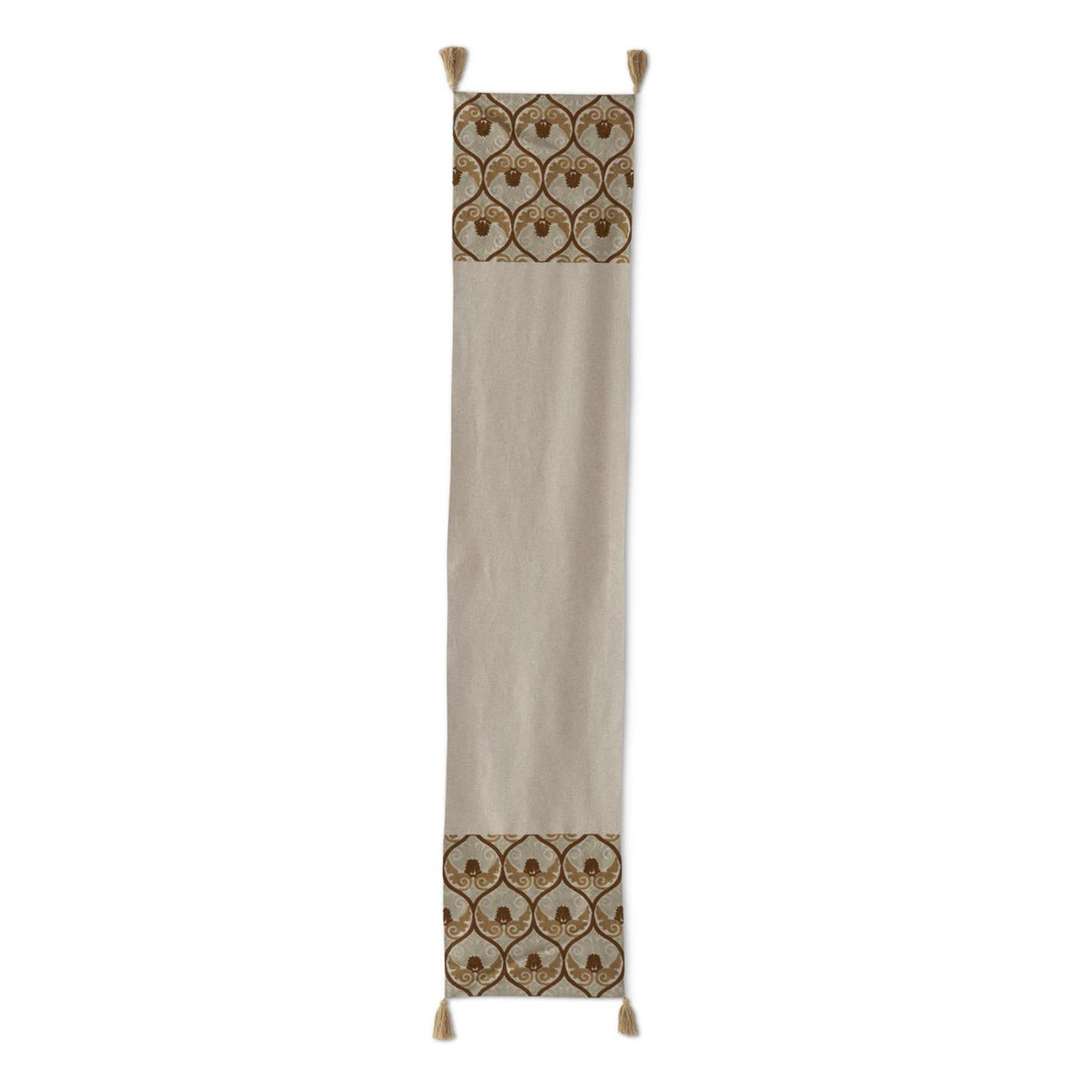 72 Inch Tan & Mustard Crest Embroidered Table Runner