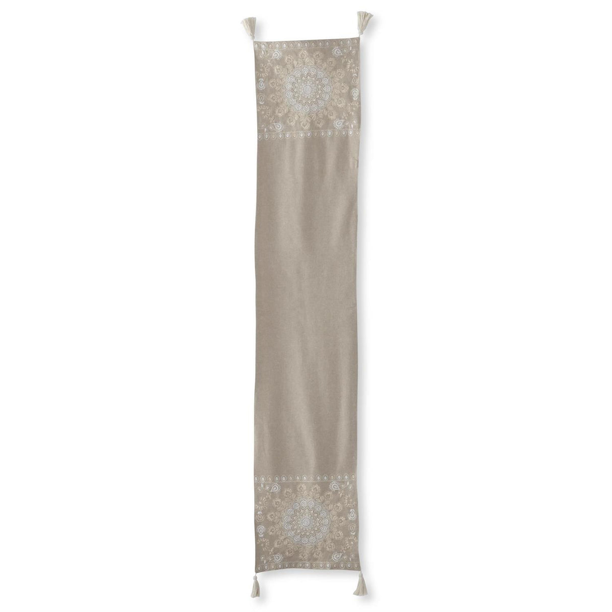 72 Inch Tan Medallion Embroidered Table Runner w/Tassels