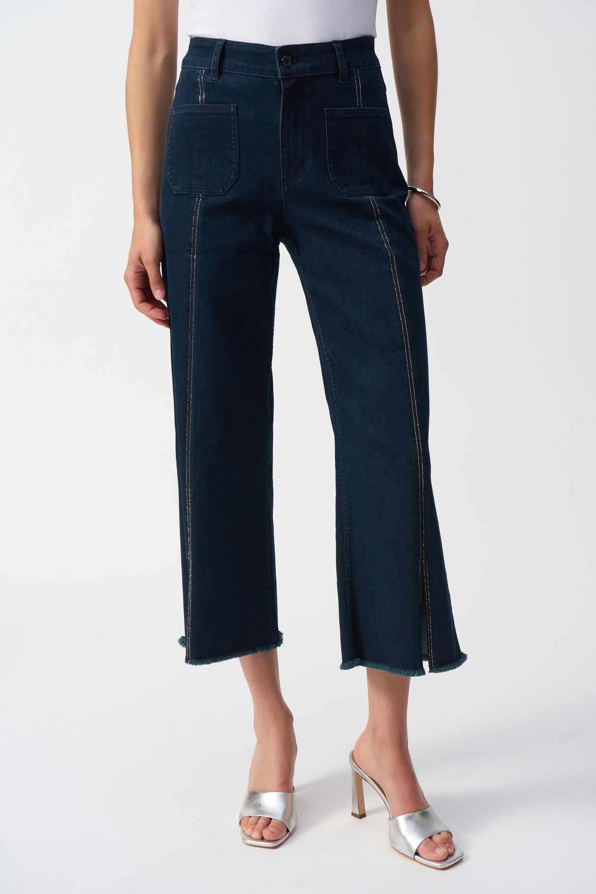 Culotte Jeans With Embellished Front Seam - Dark Denim Blue