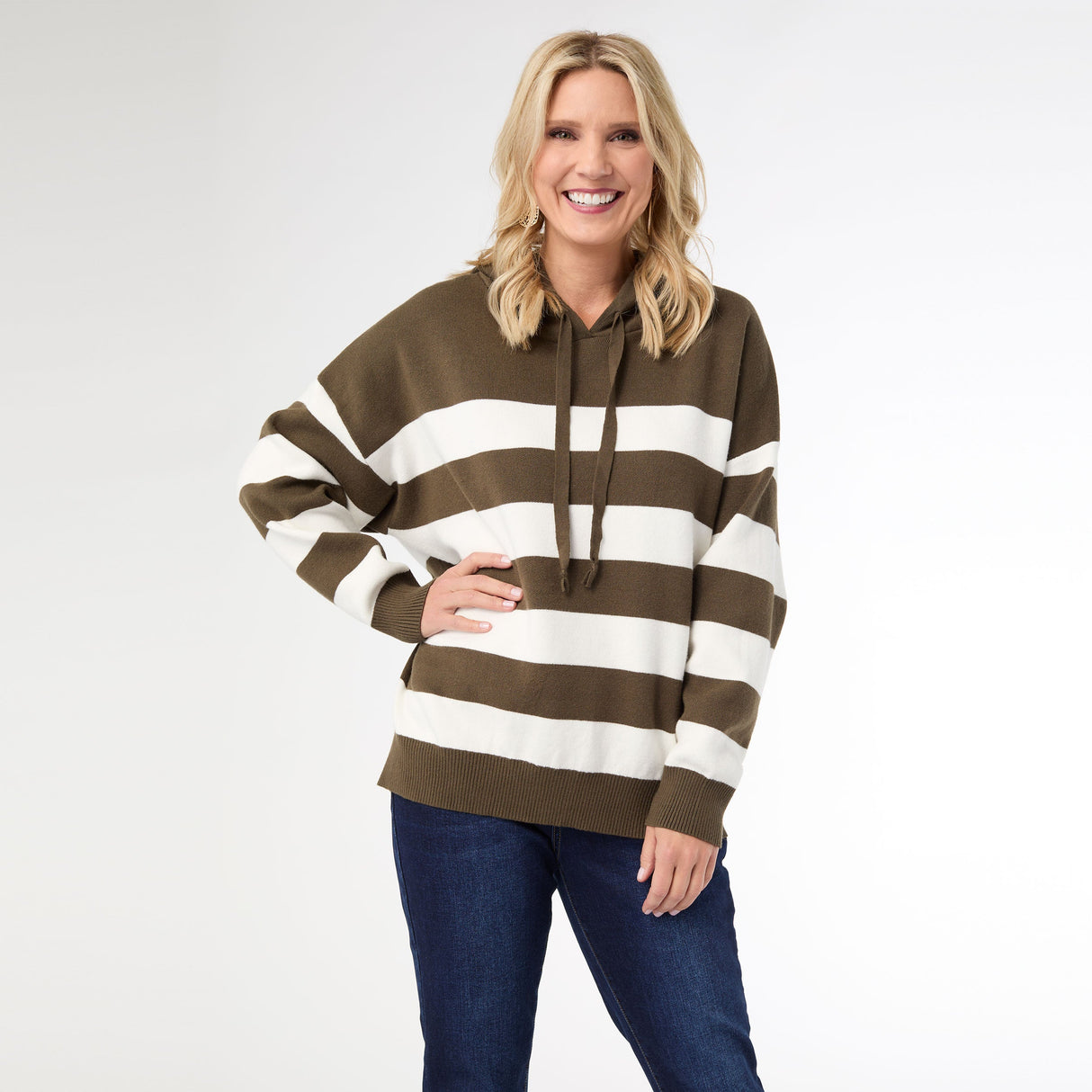 Heavenly-Luxe Stripe Pullover with Hood - Olive/Cream S/M