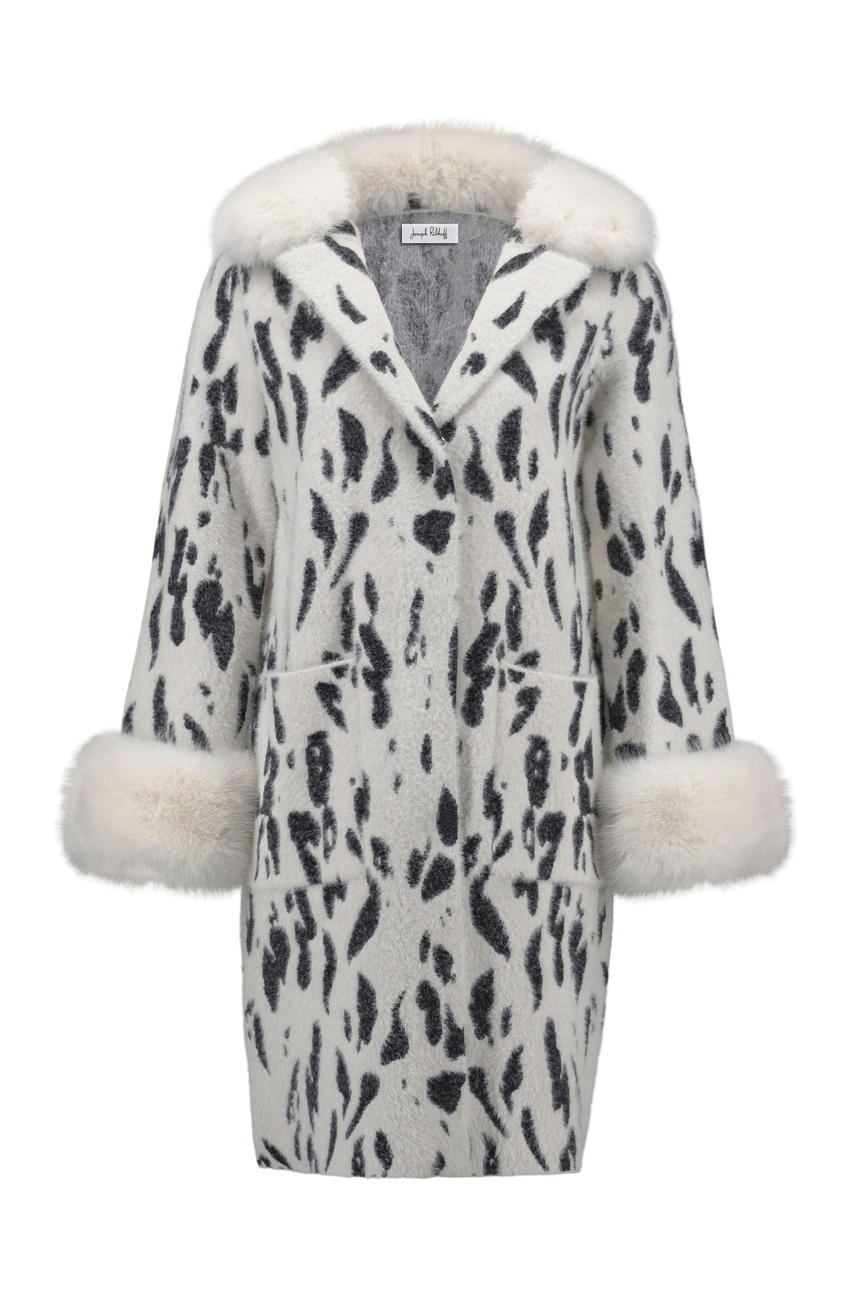 Feather Yarn Animal Jacquard Coat with Faux Fur Trim