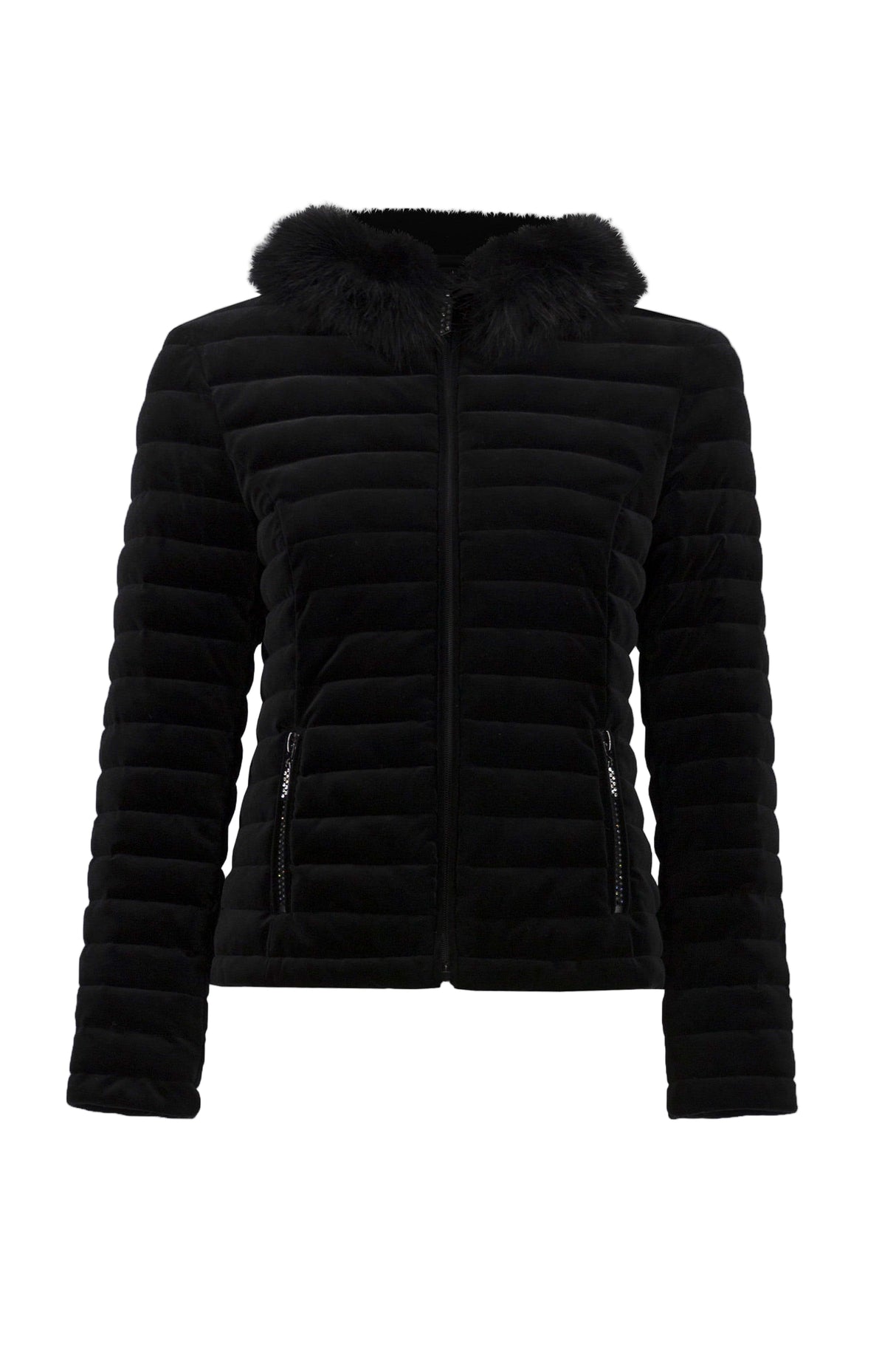 Stretch Velvet Puffer Jacket with Faux Fur Collar