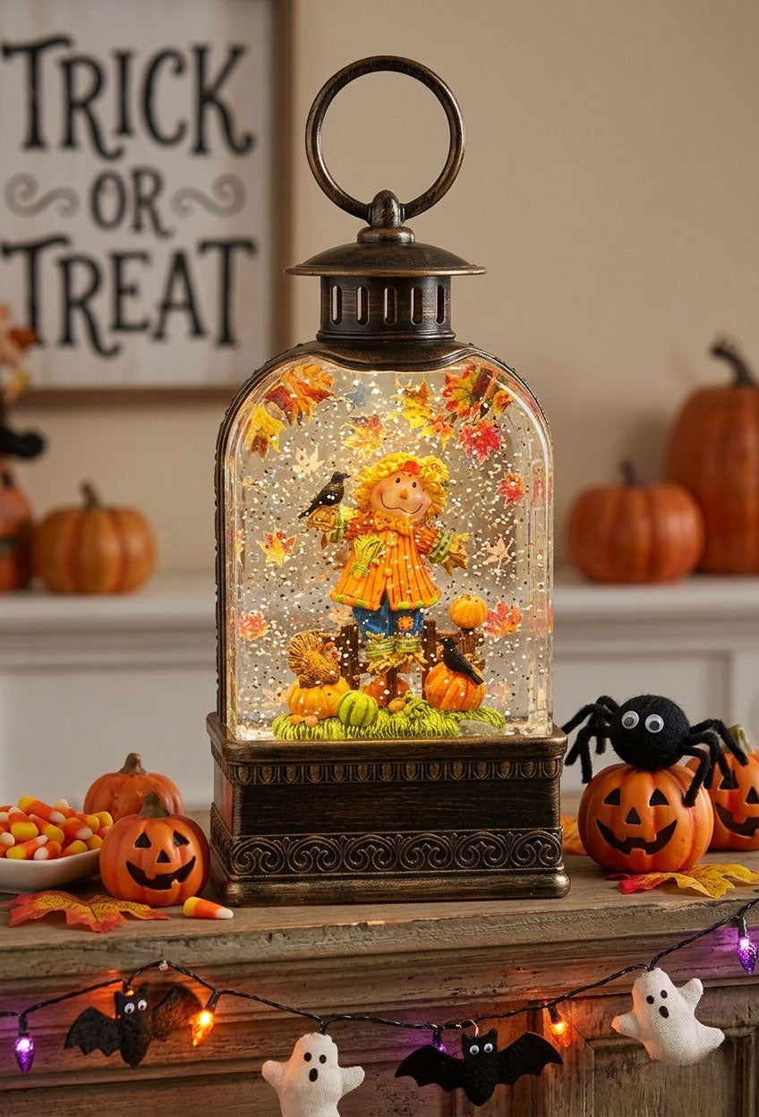 8.5"H Lighted Spinning Water Globe Lantern w/ Harvest Scene & Timer