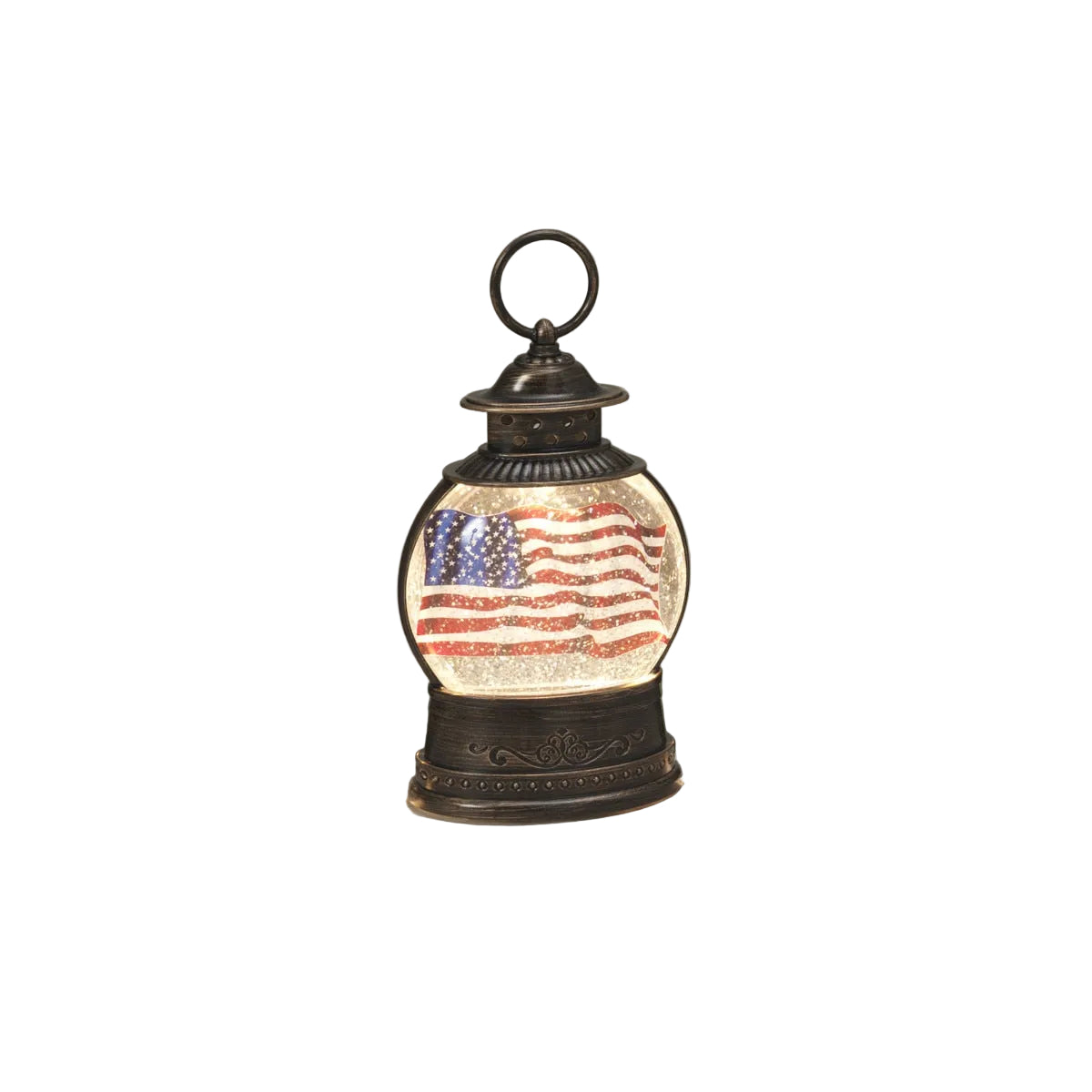 9.75"H Lighted Americana Spinning Water Globe Lantern w/ Timer USB Cord Included