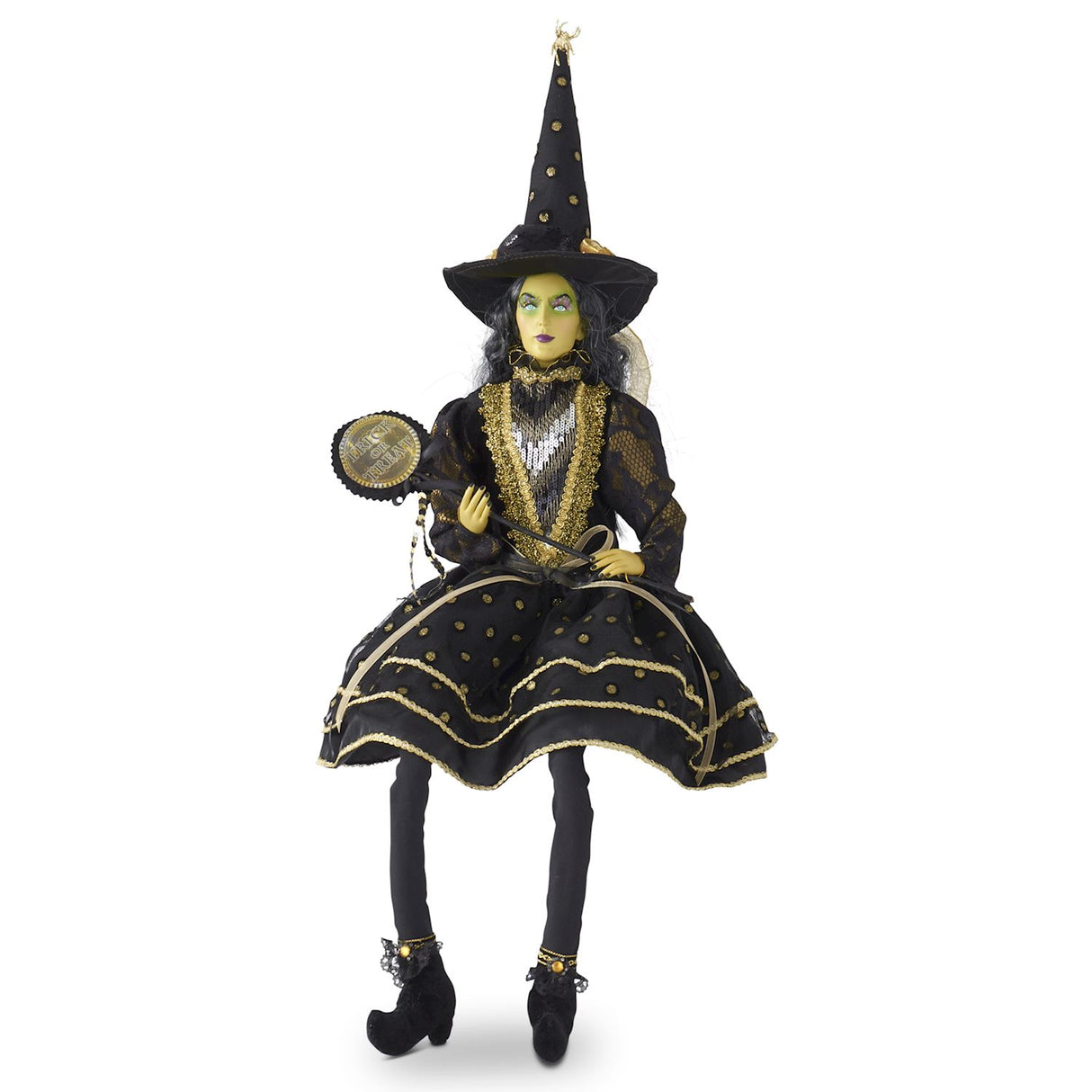 28 Inch Clara Sitting Witch w/Black and Gold Dot Dress