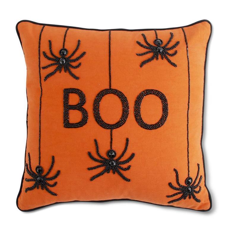 18 Inch Orange Square Beaded BOO Pillow w/Spider