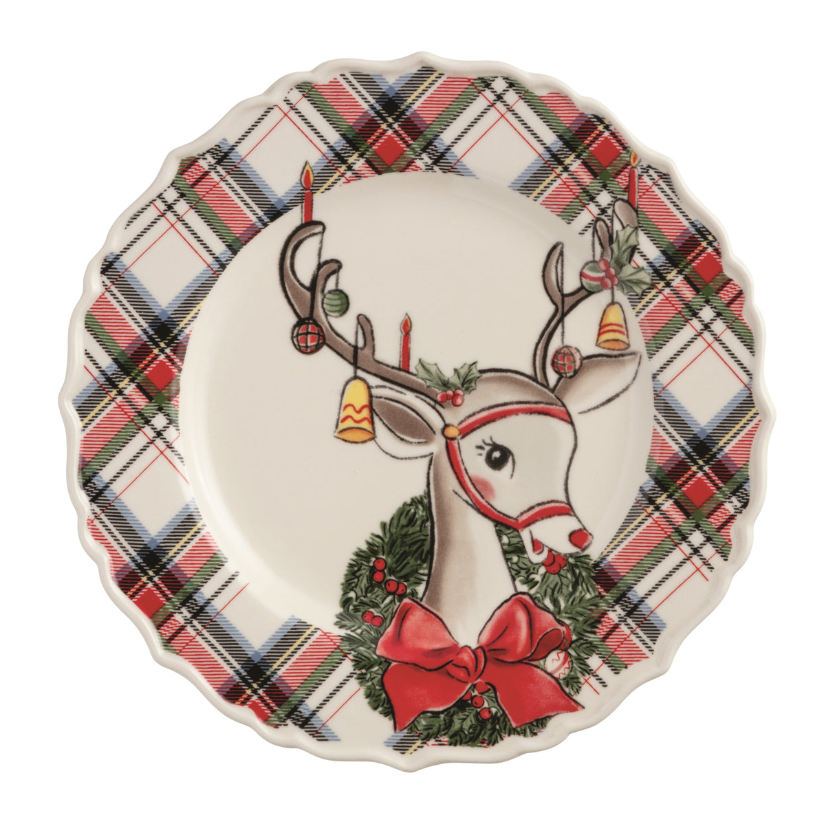 Reindeer Tartan Rim Salad Plate