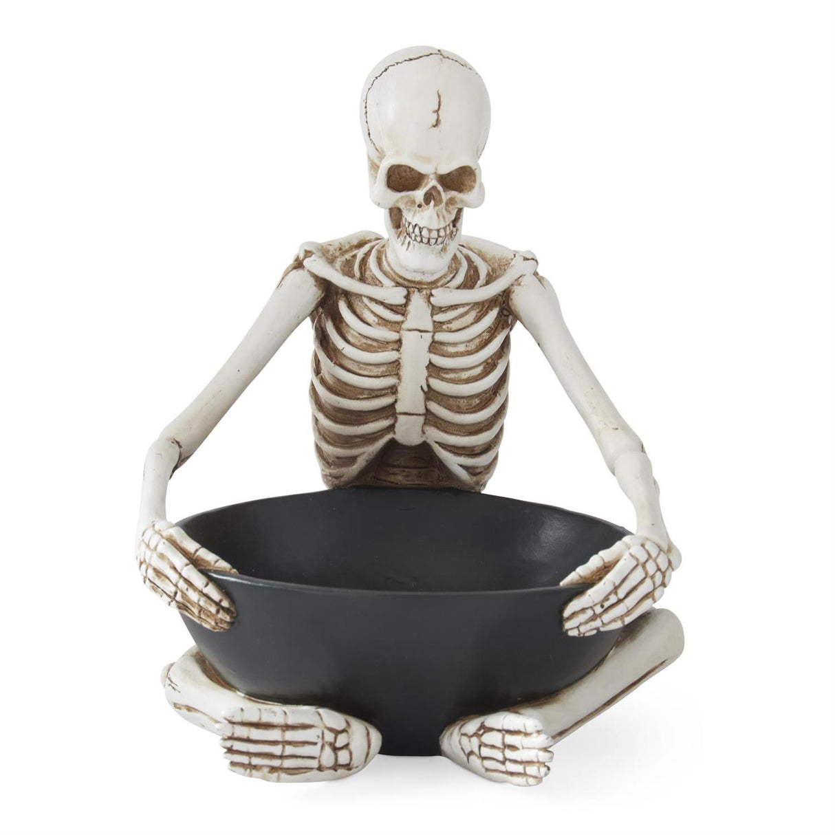 8 Inch Resin Sitting Skeleton Holding Black Bow