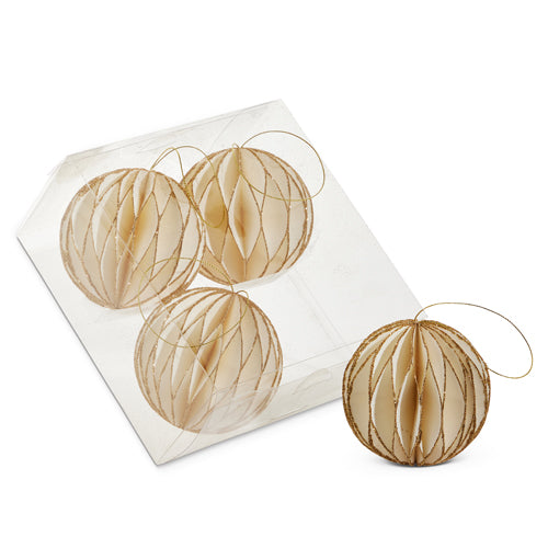 3.5" Box of White with Gold Glitter Paper Ball Ornaments
