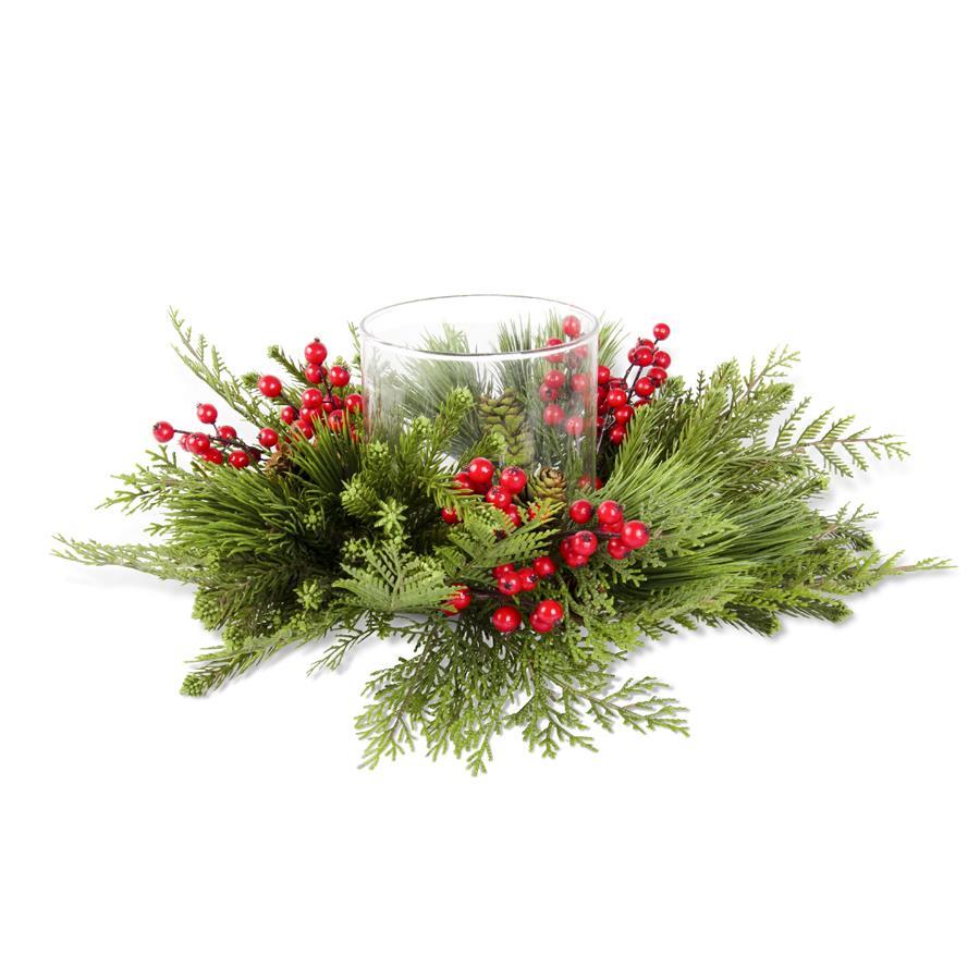 20 Inch Pine Cedar Mix & Red Berries Candle Ring w/H