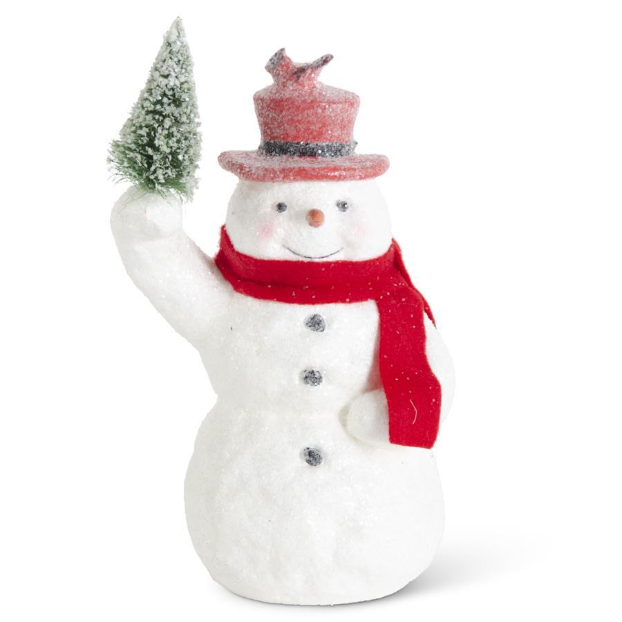10.25 Inch Sugar Glittered Snowman Holding Tree