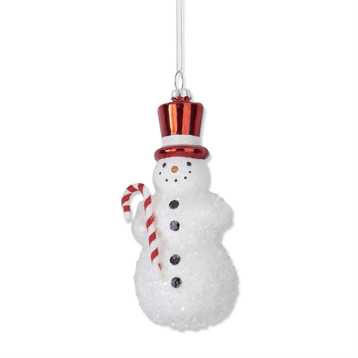 5.75 Inch Flocked Snowman Glass Ornament w/Red Top Hat & Candy Cane
