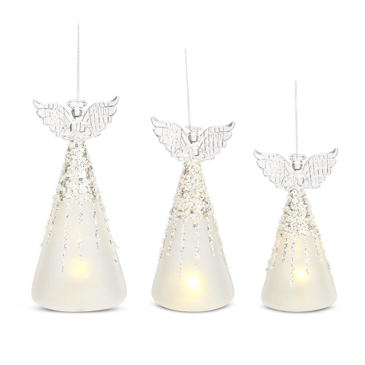 3 Frosted & Beaded Glass LED Angels w/Timer