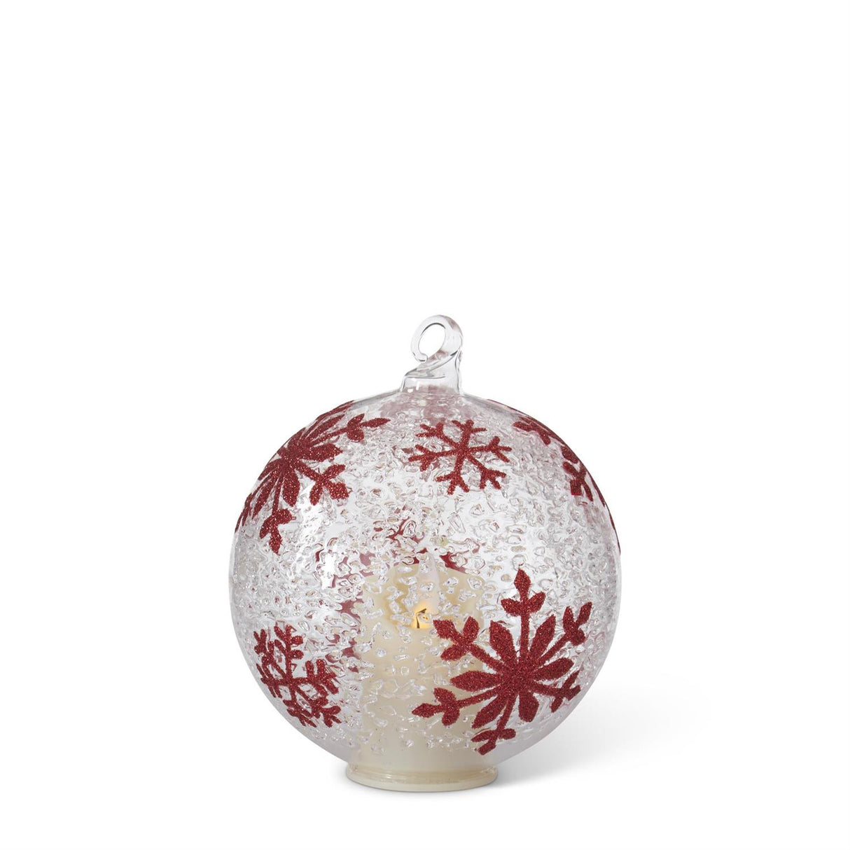 4.75 Inch Iced Clear Glass Red Snowflakes LED Flicker Flame Ornament w/Timer