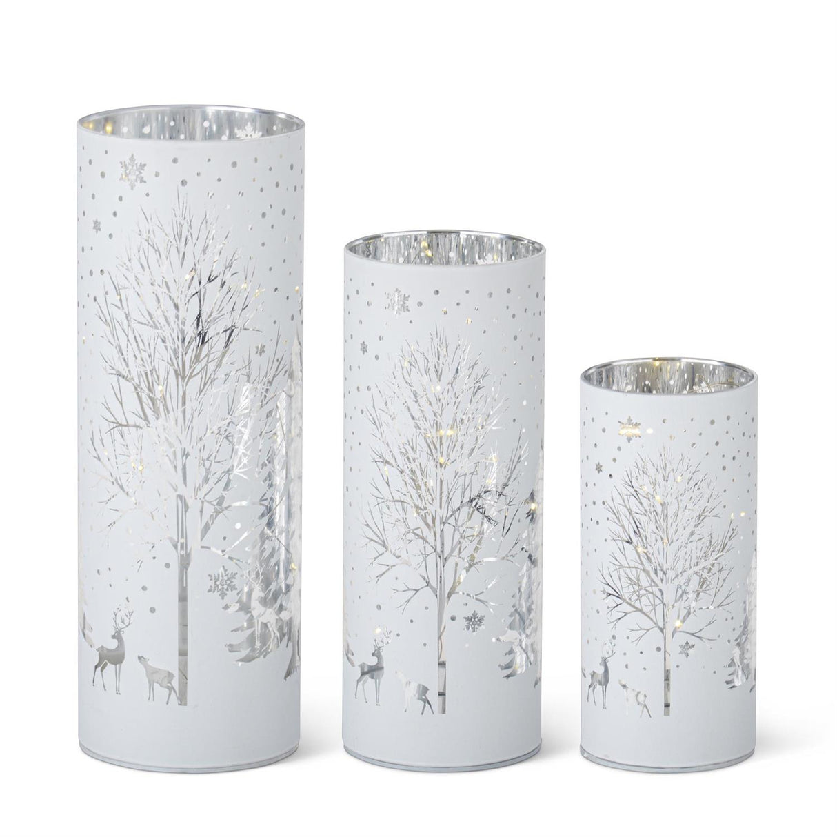 3 White Laser Engraved Winter Scene LED Rotating Cylinders w/Timer