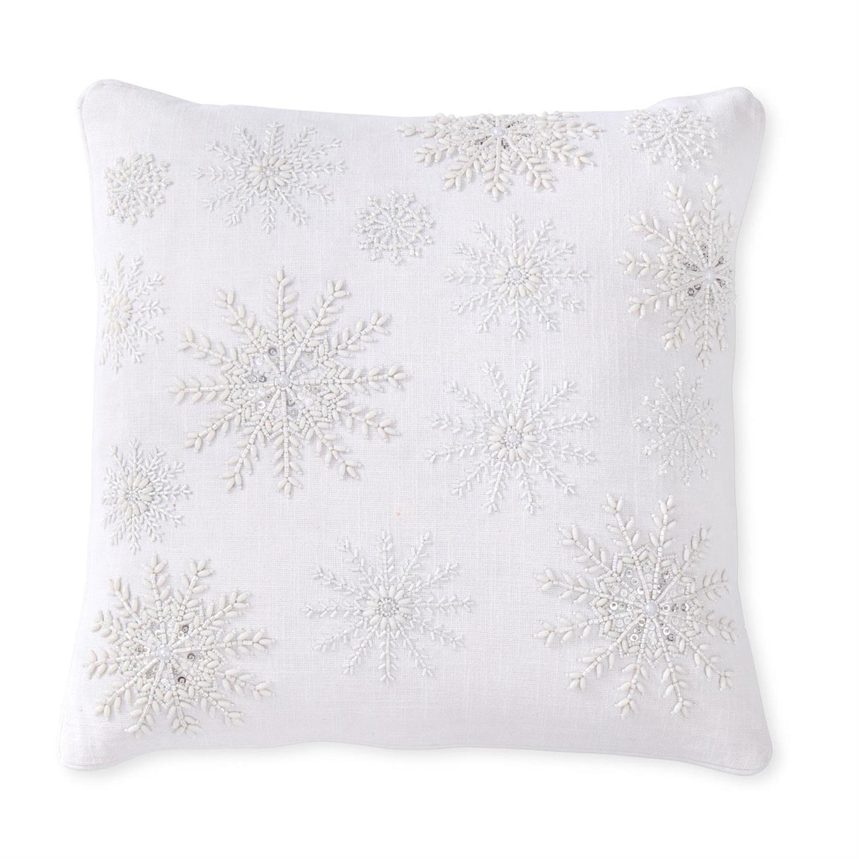 18 Inch White Linen Beaded Snowflake Pillow