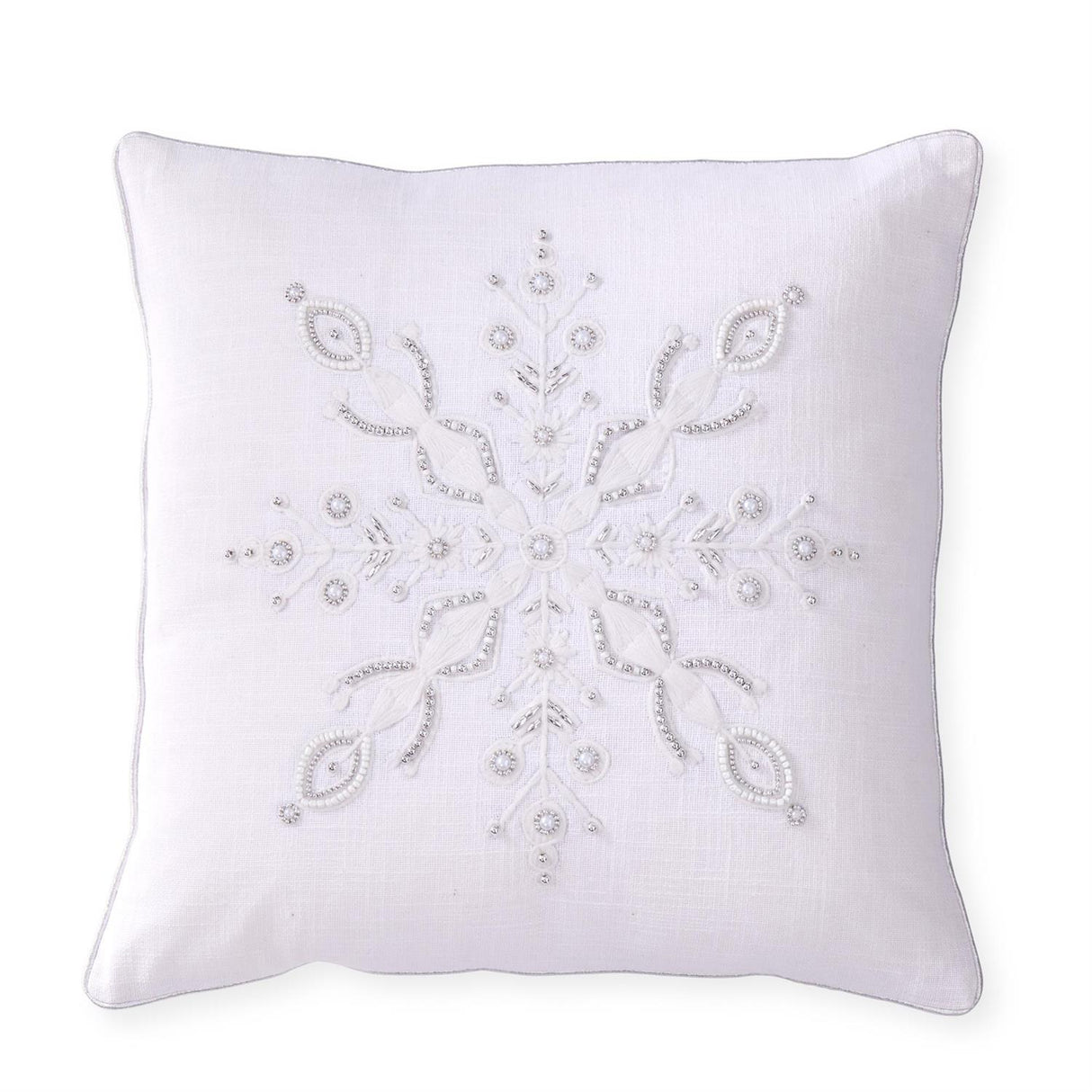 18 Inch White Cotton Pillow w/Silver Piping & Beaded Snowflake