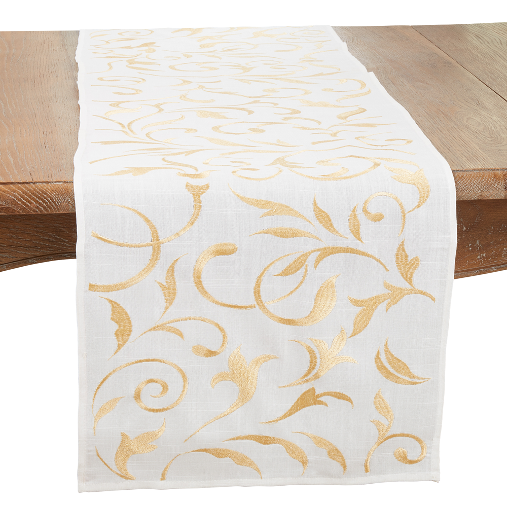 Embroidered Leaves Runner - Gold - Oblong - 16"x72"