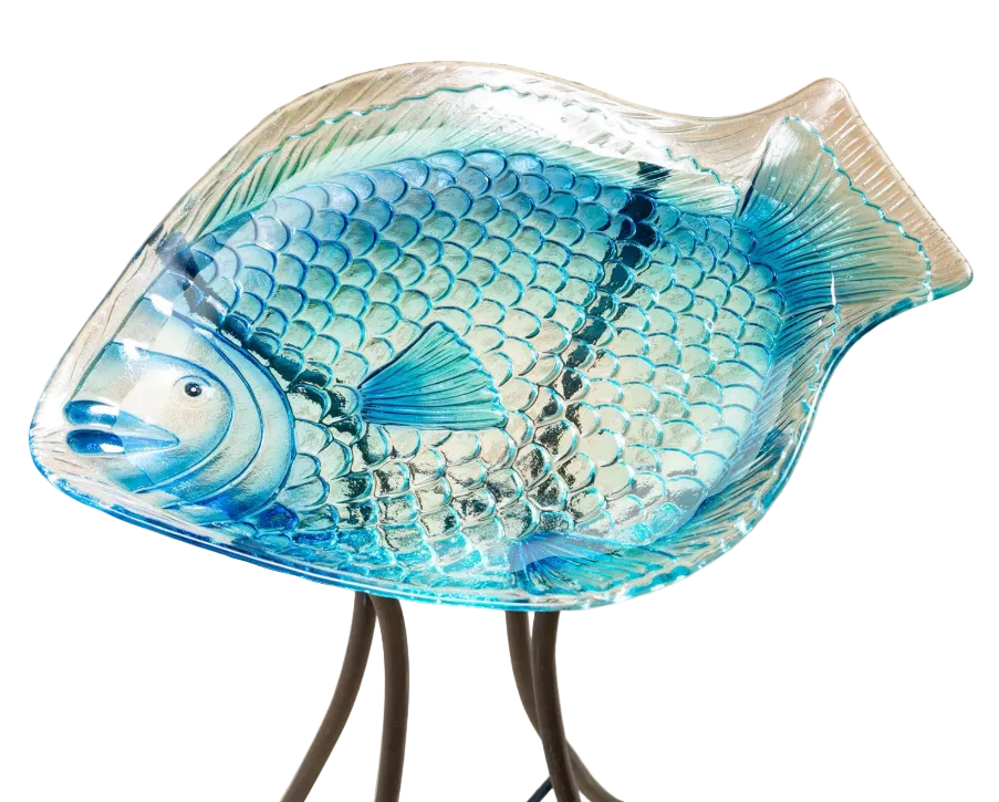 Blue Coastal Birdbath - Blue Fish Glass Birdbath -