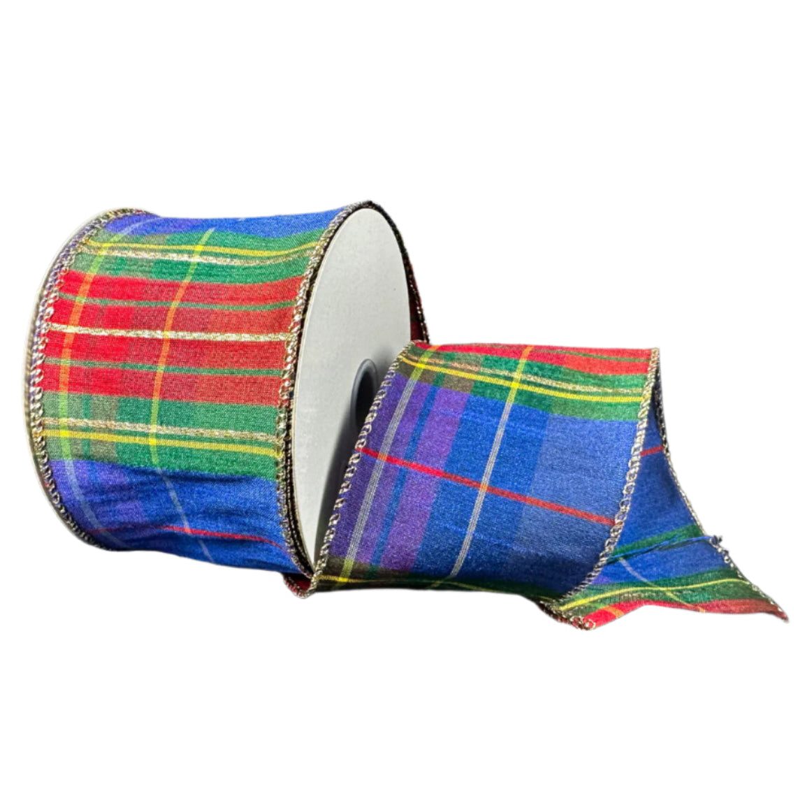 Green + Red + Yellow Faux Dupioni Plaid Ribbon - 2.5" x 10y