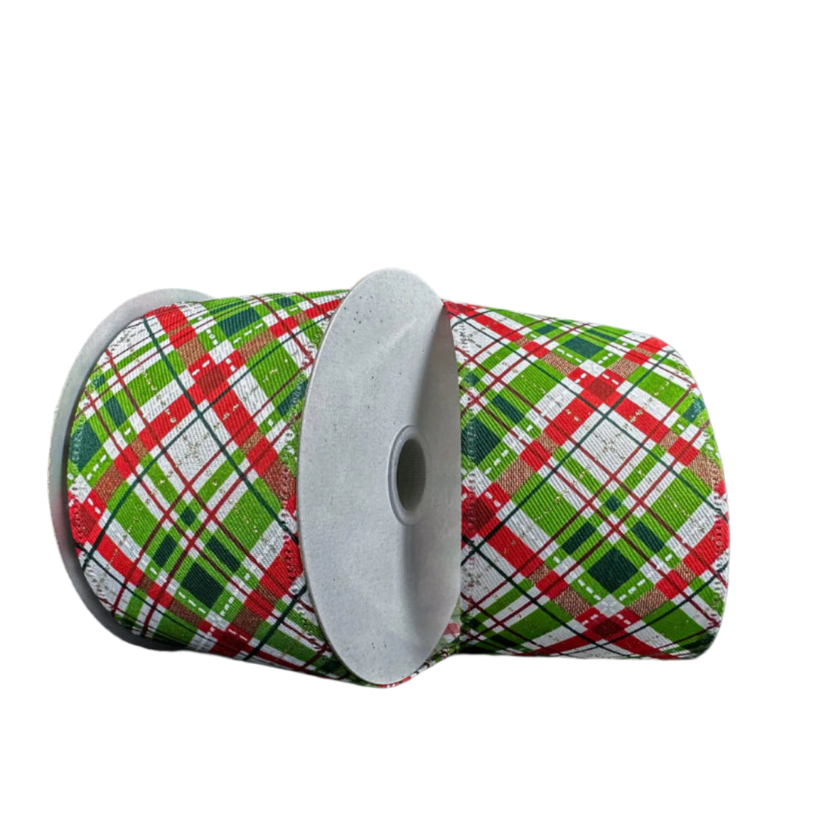 White + Moss + Red + Gold Diagonal Printed Plaid Ribbon - 2.5" x 10y