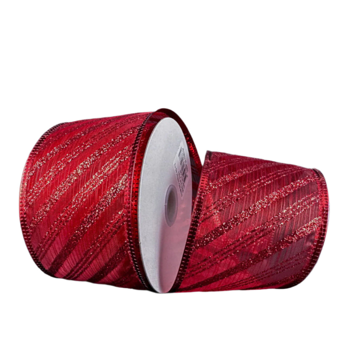 Red Sheer + Red Glittered Diagonal Stripe Metallic Edge Ribbon - 2.5" x 10y
