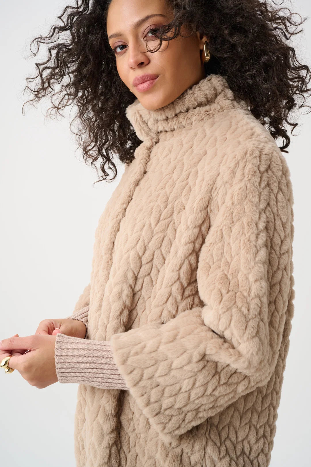 Textured Faux Fur Mock-Neck Coat- Soft Taupe