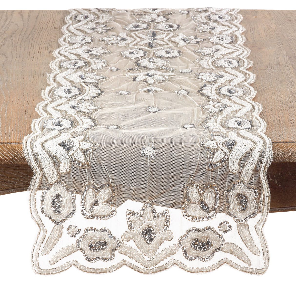 72" Hand Beaded Design Runner - Silver
