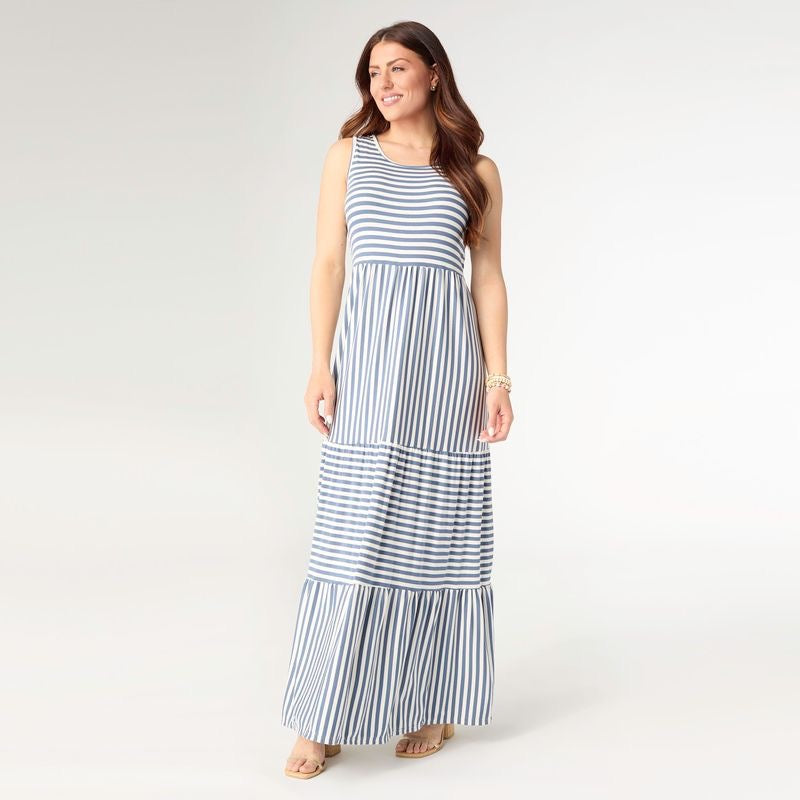 Janie Striped Tiered Maxi Dress - Blue /Ivory S/M