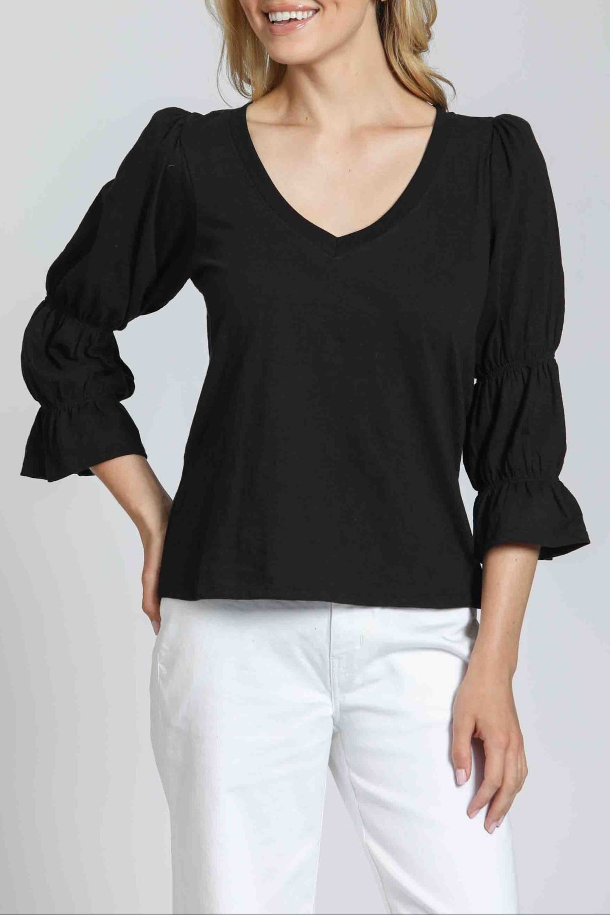 V-Neck Top with Renaissance Sleeve - Black