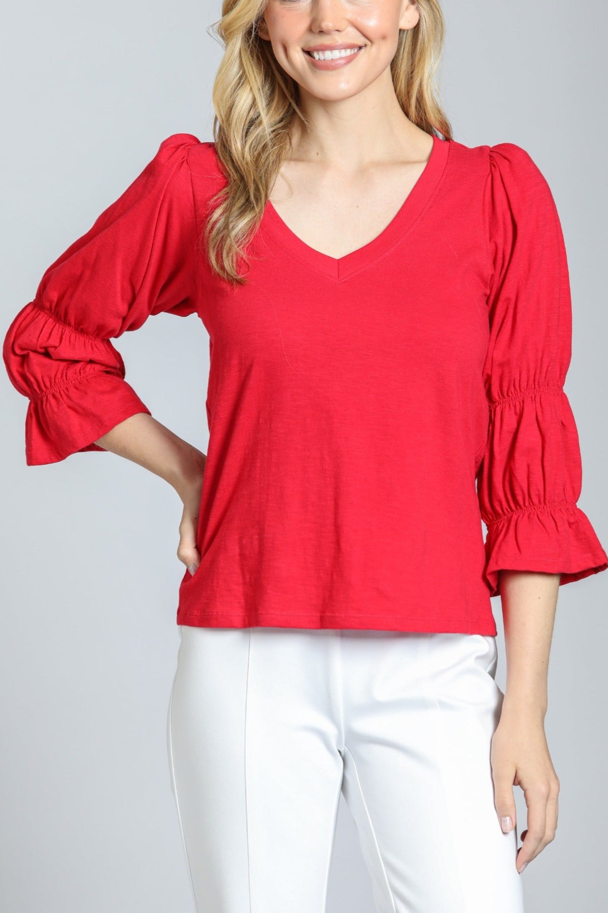 V-Neck Top with Renaissance Sleeve - Red