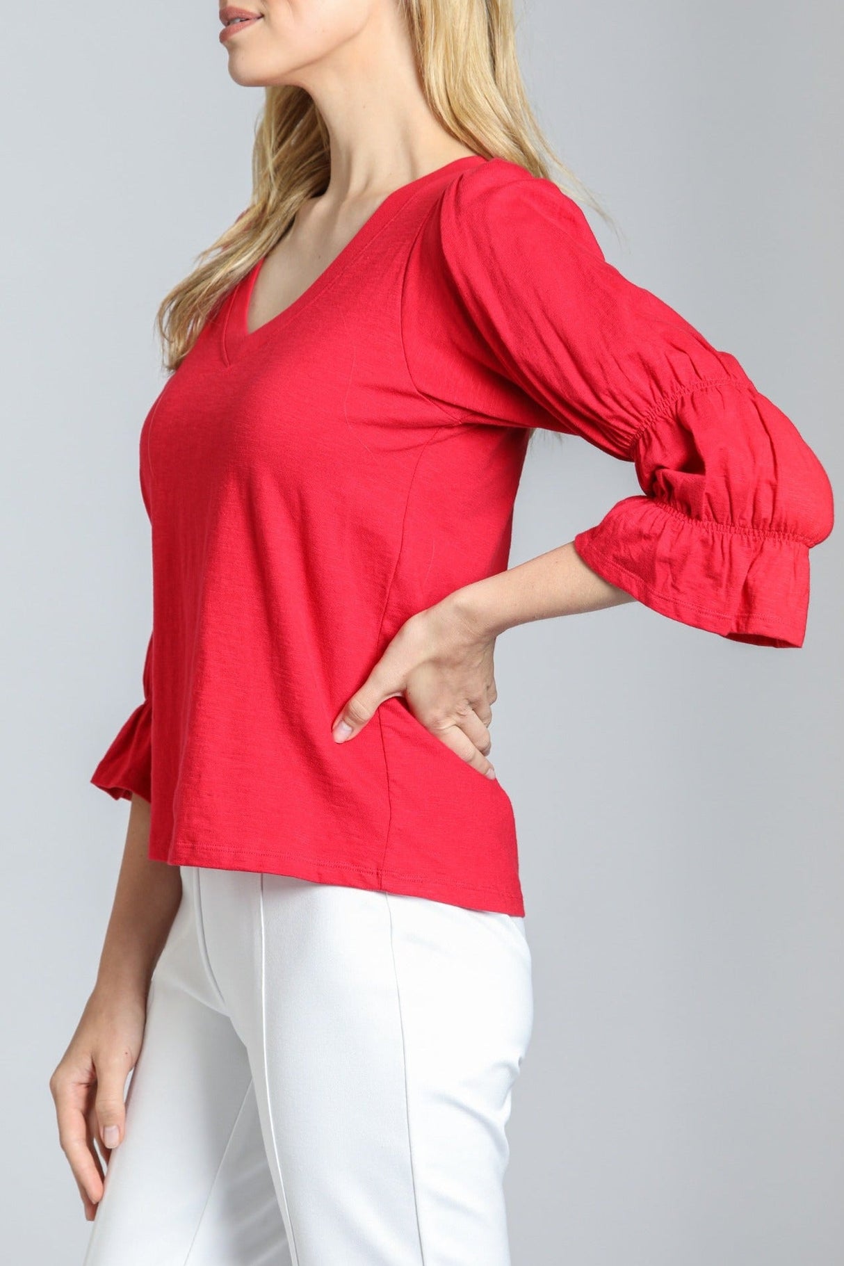 V-Neck Top with Renaissance Sleeve - Red