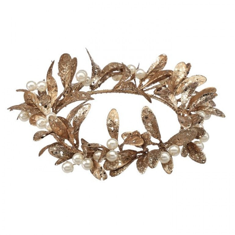 Pearl + Gilded Leaf Candle Ring  4.5" Inner Diameter