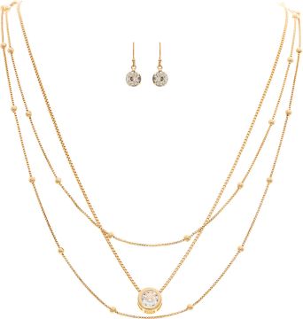 Gold Delicate Tri Chain Crystal Layer Necklace with Diamond Studs