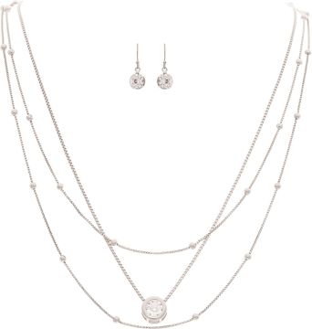 Silver Delicate Tri Chain Crystal Layer Necklace with Earrings