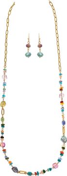 Gold Multi-Colored Mixed Bead Candy 36" Necklace with Earrings