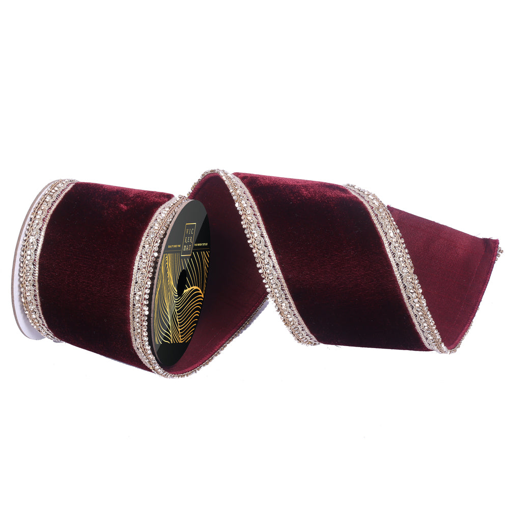 4"x5yd Burgundy Velvet Champagne Jewel Trim Ribbon